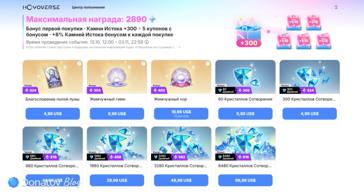 Боевой пропуск в официальном центре пополнения HoYoverse: «Жемчужный гимн» за $9,99 и «Жемчужный хор» за $19,99